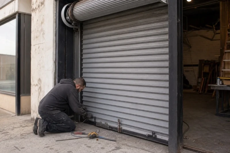 Person kneeling beside the bottom of a metal rolling door with tools on the ground