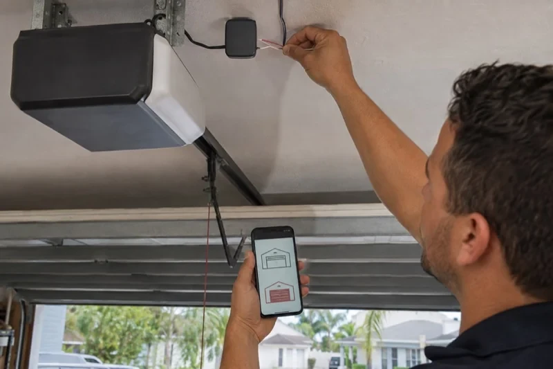 Person reaching toward wires beside a small ceiling-mounted device while holding a phone displaying garage-door symbols.